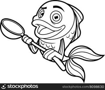 Outlined Fish Chef Cartoon Character Holding A Big Spoon. Vector Hand Drawn Illustration Isolated On Transparent Background