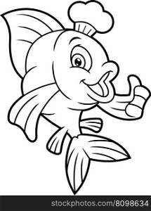 Outlined Fish Chef Cartoon Character Showing Thumbs Up. Vector Hand Drawn Illustration Isolated On Transparent Background