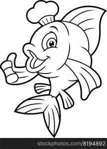 Outlined Fish Chef Cartoon Character Showing Thumbs Up. Vector Hand Drawn Illustration Isolated On White Background
