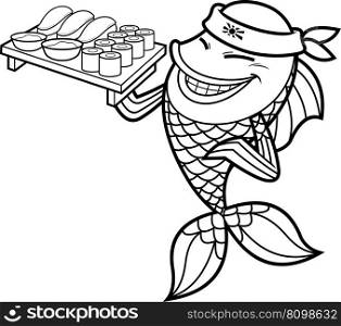 Outlined Fish Sushi Chef Cartoon Character Showing Sushi Set Japanese Seafood. Vector Hand Drawn Illustration Isolated On Transparent Background