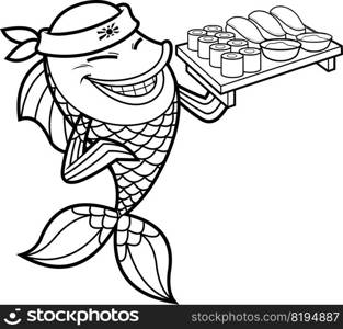 Outlined Fish Sushi Chef Cartoon Character Showing Sushi Set Japanese Seafood. Vector Hand Drawn Illustration Isolated On White Background