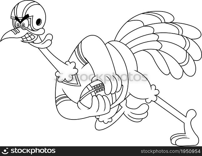 Outlined Football Turkey Bird Cartoon Character Running In Thanksgiving Super Bowl. Vector Hand Drawn Illustration Isolated On White Background