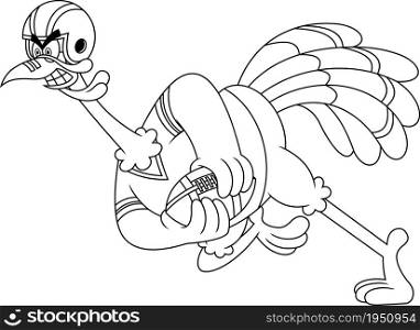 Outlined Football Turkey Bird Cartoon Character Running In Thanksgiving Super Bowl. Vector Hand Drawn Illustration Isolated On White Background