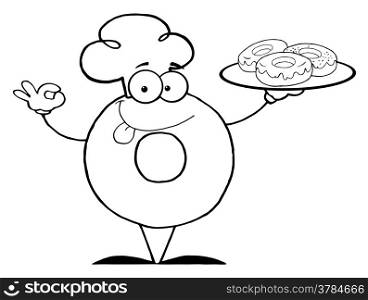 Outlined Friendly Donut Chef Cartoon Character Holding A Donuts