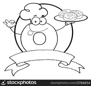 Outlined Friendly Donut Chef Cartoon Character Holding A Donuts Banner