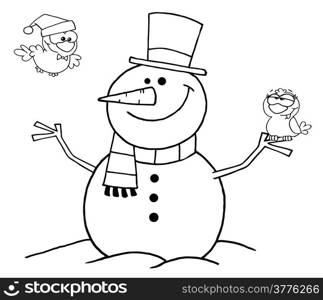 Outlined Friendly Snowman With A Cute Birds