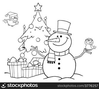 Outlined Friendly Snowman With A Cute Birds And Christmas Tree