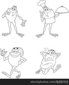 Outlined Frog Cartoon Characters. Vector Hand Drawn Collection Set Isolated On Transparent Background