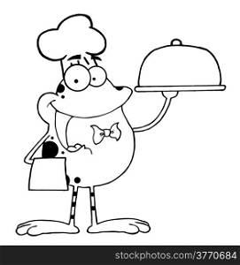 Outlined Frog Cartoon Mascot Character Chef Serving Food In A Sliver Platter