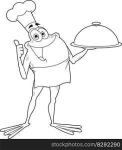 Outlined Frog Chef Cartoon Character Holding A Sliver Platter And Giving A Thumbs Up. Vector Hand Drawn Illustration Isolated On Transparent Background