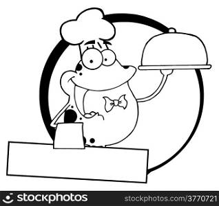 Outlined Frog Chef Serving Food In A Sliver Platter Logo Banner