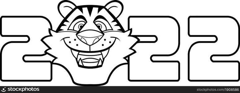 Outlined Funny 2022 Year Of The Tiger With Face Cartoon Character. Vector Hand Drawn Illustration Isolated On White Background