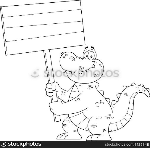 Outlined Funny Alligator Or Crocodile Cartoon Character Holding Up A Wooden Sign. Vector Hand Drawn Illustration Isolated On White Background