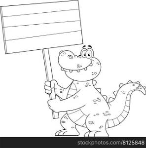 Outlined Funny Alligator Or Crocodile Cartoon Character Holding Up A Wooden Sign. Vector Hand Drawn Illustration Isolated On White Background