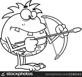 Outlined Funny Caveman Cartoon Character Making Bow And Arrow. Vector Hand Drawn Illustration Isolated On White Background