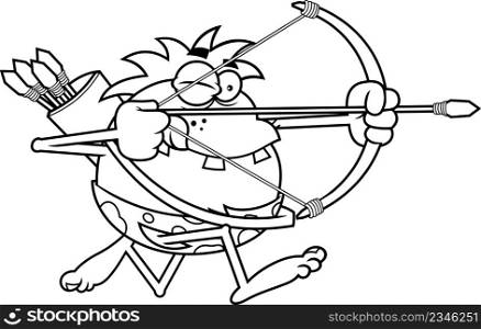 Outlined Funny Caveman Cartoon Character Running With Bow And Arrow While Aiming. Vector Hand Drawn Illustration Isolated On White Background