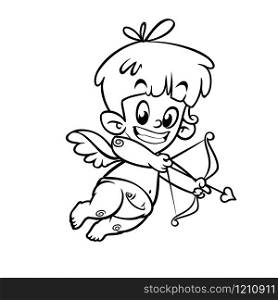 Outlined funny cupid cartoon character with bow and arrow. Vector coloring illustration for Valentine&rsquo;s Day isolated on blue background. Great for cards and decoration