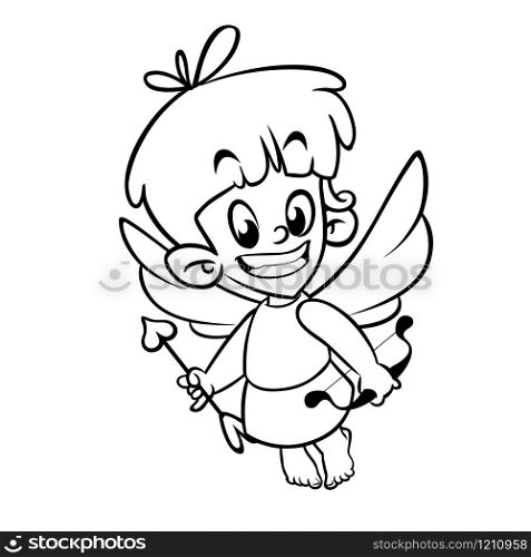 Outlined funny cupid cartoon character with bow and arrow. Vector coloring illustration for Valentine&rsquo;s Day isolated on blue background. Great for cards and decoration