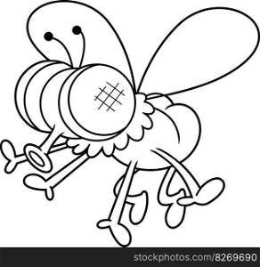 Outlined Funny Fly Cartoon Character Flying. Vector Hand Drawn Illustration Isolated On Transparent Background