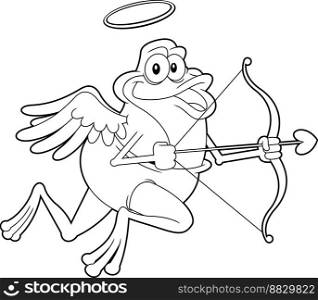 Outlined Funny Frog Cupid Cartoon Character With Bow And Arrow Flying. Vector Hand Drawn Illustration Isolated On Transparent Background