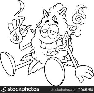 Outlined Funny Marijuana Bud Cartoon Character Smoking A Joint. Vector Hand Drawn Illustration Isolated On Transparent Background