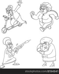 Outlined Grandma Cartoon Characters. Vector Collection Set Isolated On White Background