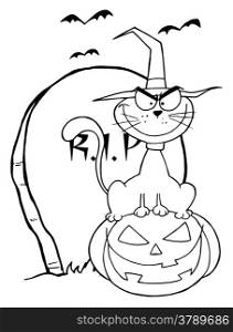 Outlined Halloween Cat on Pumpkin Near Tombstone