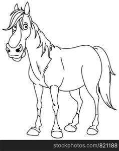 Outlined handsome horse. Vector line art illustration coloring page.