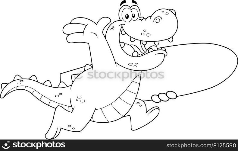 Outlined Happy Alligator Or Crocodile Cartoon Character Running With A Surfboard. Vector Hand Drawn Illustration Isolated On White Background