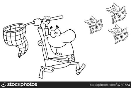Outlined Happy Businessman Chasing Money