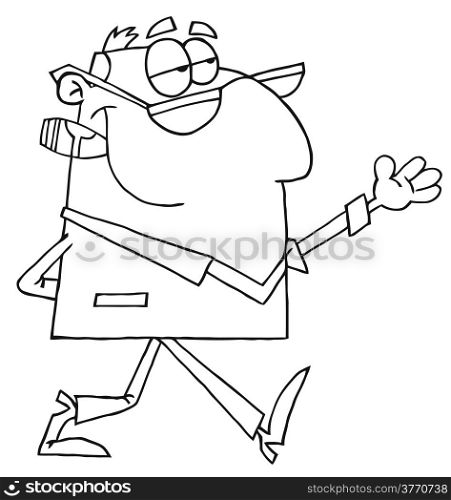 Outlined Happy Businessman Walking And Shows