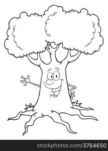 Outlined Happy Cartoon Tree Character Waving A Greeting