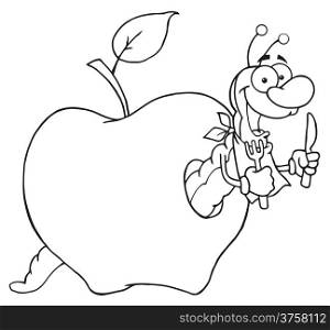 Outlined Happy Cartoon Worm In Apple