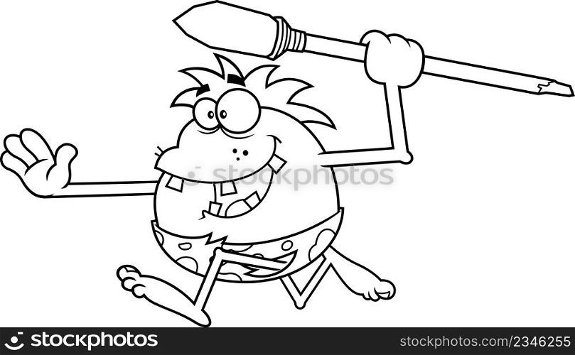 Outlined Happy Caveman Cartoon Character Hunting With A Spear. Vector Hand Drawn Illustration Isolated On White Background
