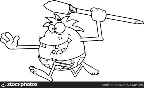Outlined Happy Caveman Cartoon Character Hunting With A Spear. Vector Hand Drawn Illustration Isolated On White Background