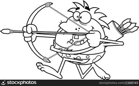 Outlined Happy Caveman Cartoon Character Running With Bow And Arrow. Vector Hand Drawn Illustration Isolated On White Background
