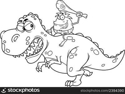 Outlined Happy Caveman With Club Riding A Giant Dinosaurs Cartoon Characters. Vector Hand Drawn Illustration Isolated On White Background