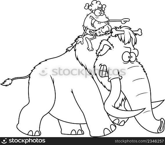 Outlined Happy CaveWoman Riding A Mammoth Cartoon Characters. Vector Hand Drawn Illustration Isolated On White Background