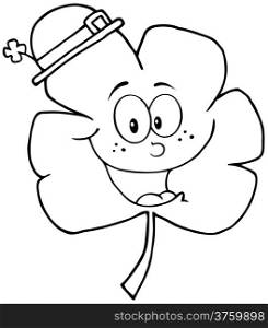 Outlined Happy Clover Wearing A Green Hat