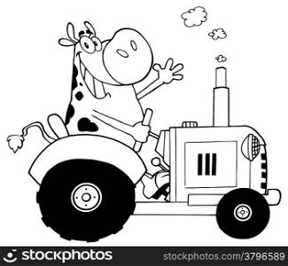 Outlined Happy Cow Farmer In Tractor Waving A Greeting