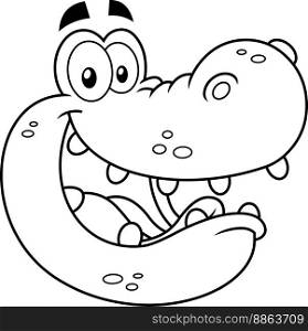 Outlined Happy Crocodile  Face Cartoon Character. Vector Hand Drawn Illustration Isolated On Transparent Background