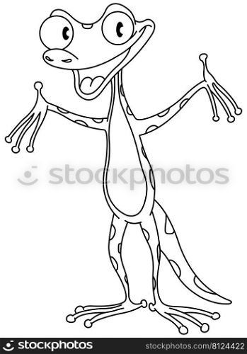 Outlined happy cute gecko holding up his arms, Vector line art illustration coloring page.