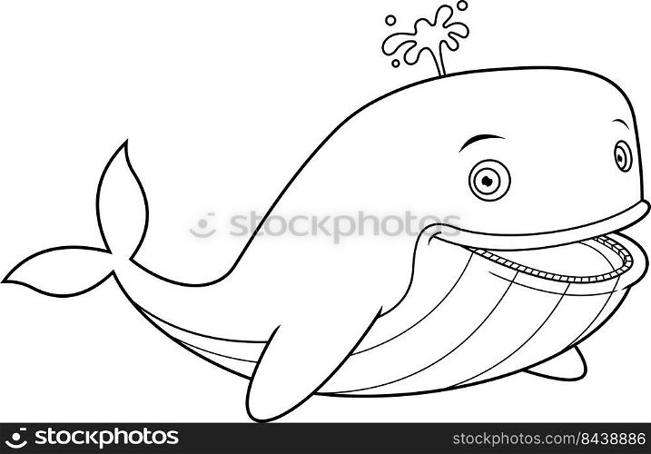 Outlined Happy Cute Whale Cartoon Character With Water Fountain. Vector Hand Drawn Illustration Isolated On White Background