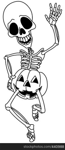 Outlined happy dancing waving skeleton and wearing jackolantern pumpkin shorts. Vector line art illustration coloring page.