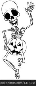 Outlined happy dancing waving skeleton and wearing jackolantern pumpkin shorts. Vector line art illustration coloring page.