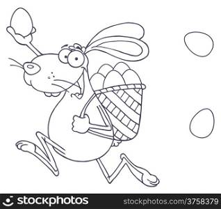 Outlined Happy Easter Rabbit Running With A Basket And Egg