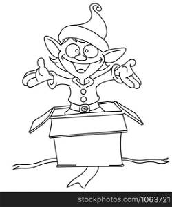 Outlined happy elf popping out of a Christmas gift box. Vector line art illustration coloring page.