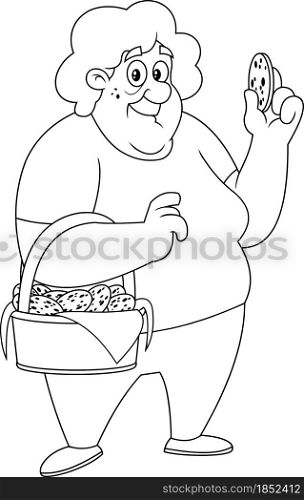 Outlined Happy Grandma Cartoon Character With A Basket Of Homemade Cookies. Vector Hand Drawn Illustration Isolated On Transparent Background