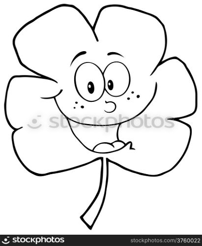 Outlined Happy Green Clover Cartoon Character