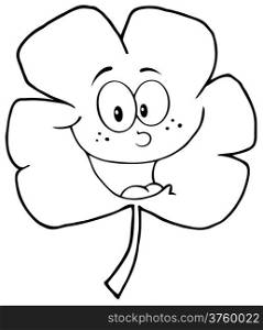 Outlined Happy Green Clover Cartoon Character
